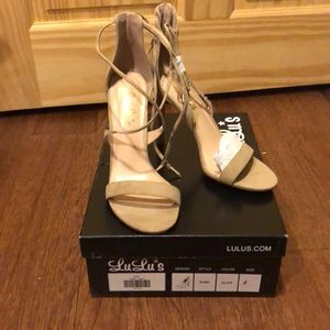 Lulus Romy Lace Up Taupe Heels, Size 8